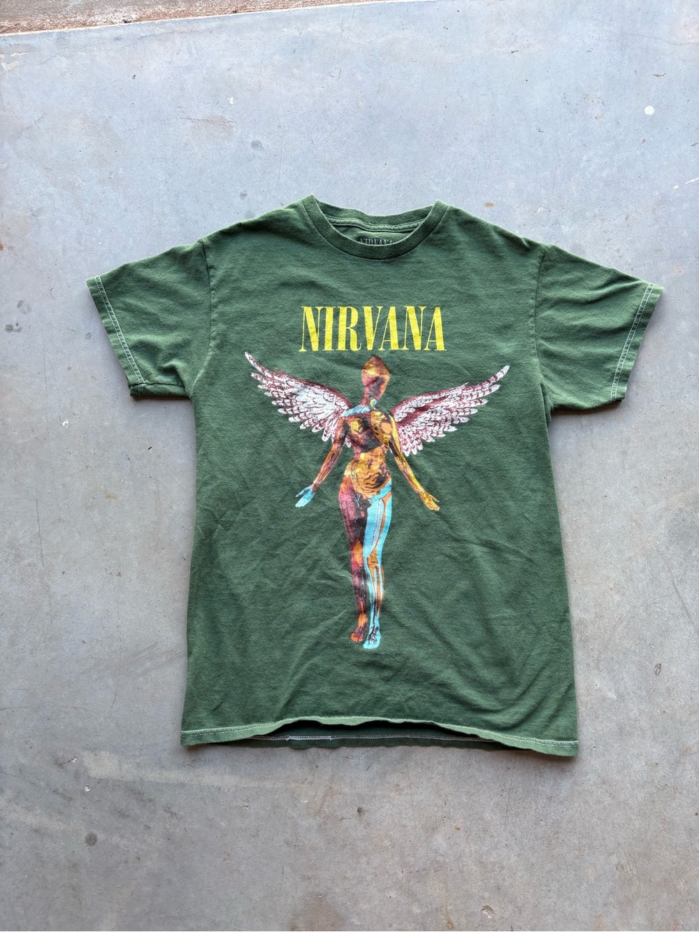 NIRVANA Olive Green Tee with Yellow Logo and Multicolor Angel